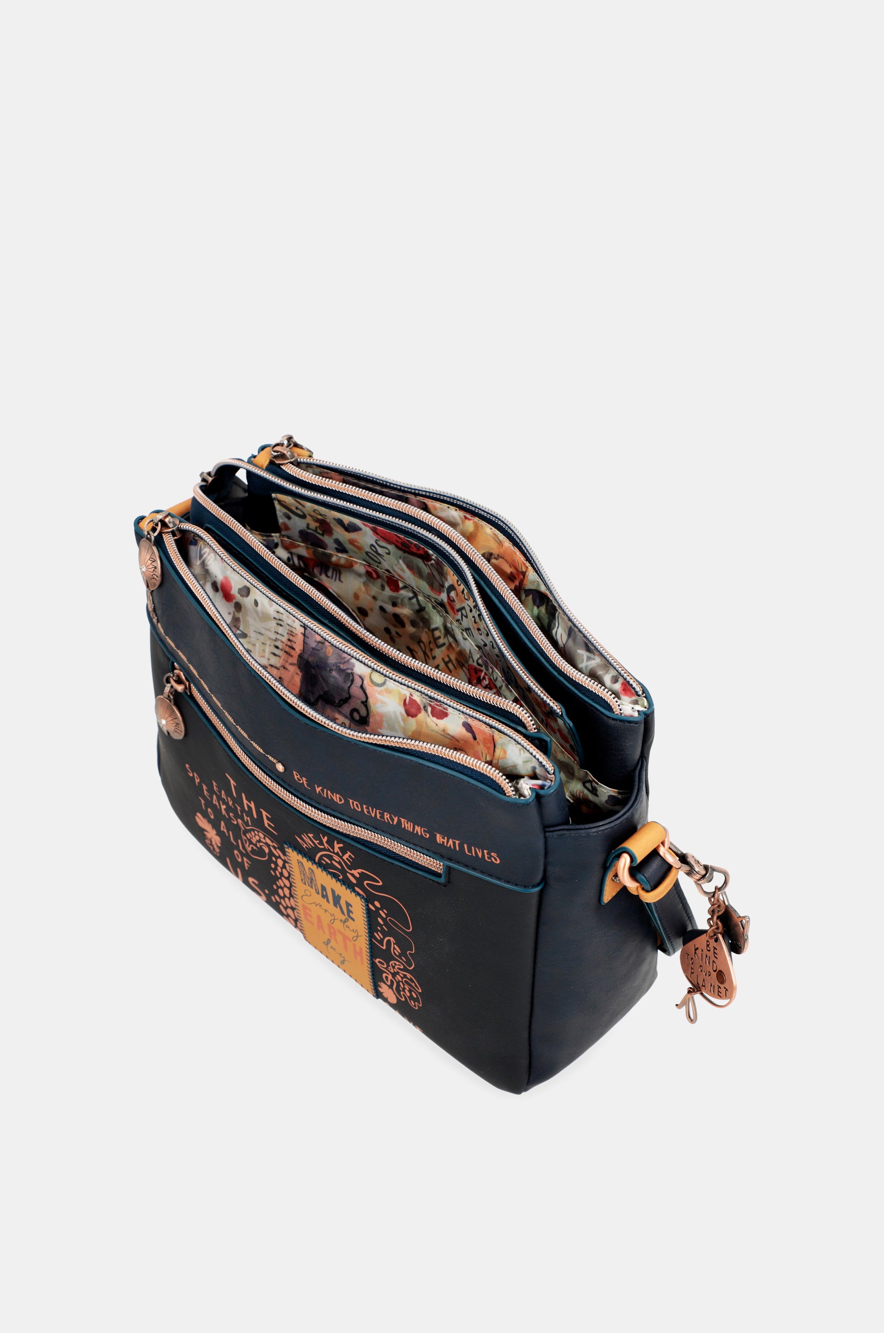 Nature Pachamama Navy Blue Crossbody Sac avec trois compartiments