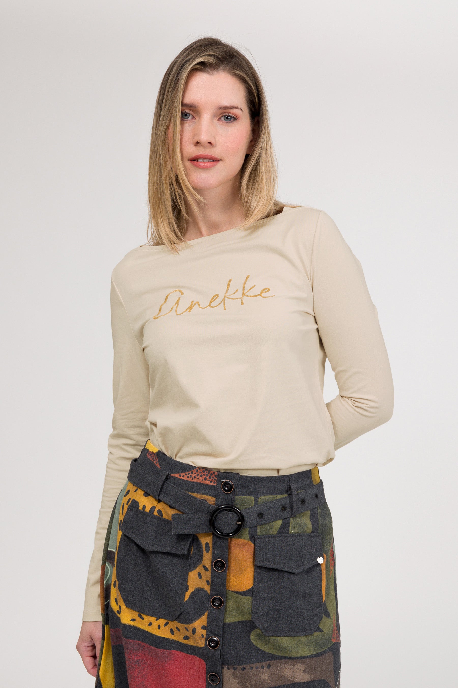 T-shirt à manches longues beige avec logo