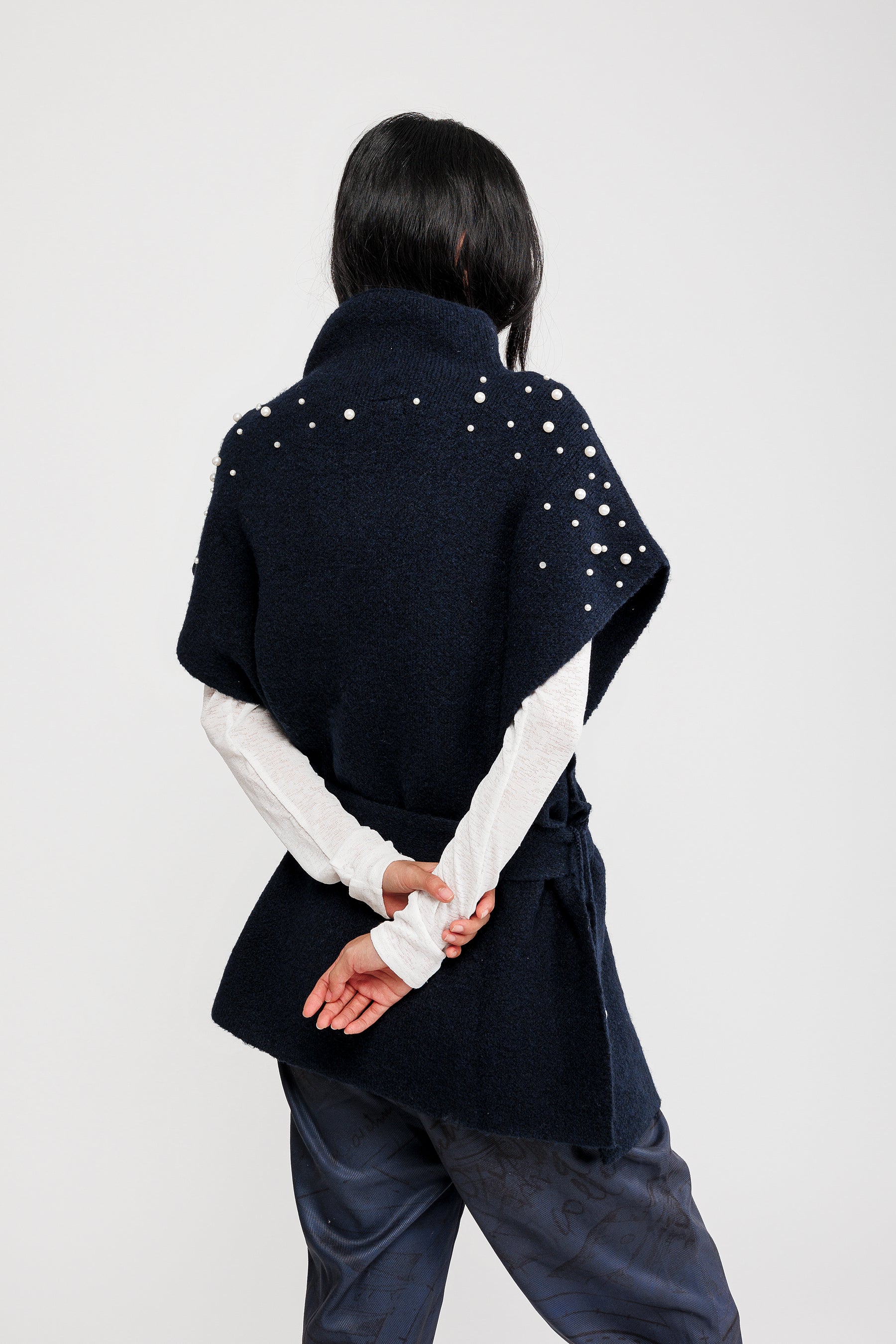 Poncho à col montant avec ceinture bleu