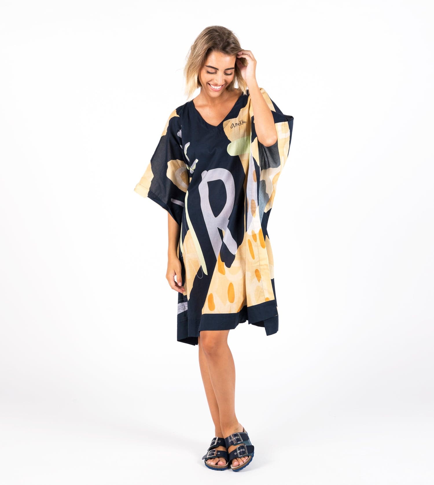 Kaftan à imprimé bleu marine