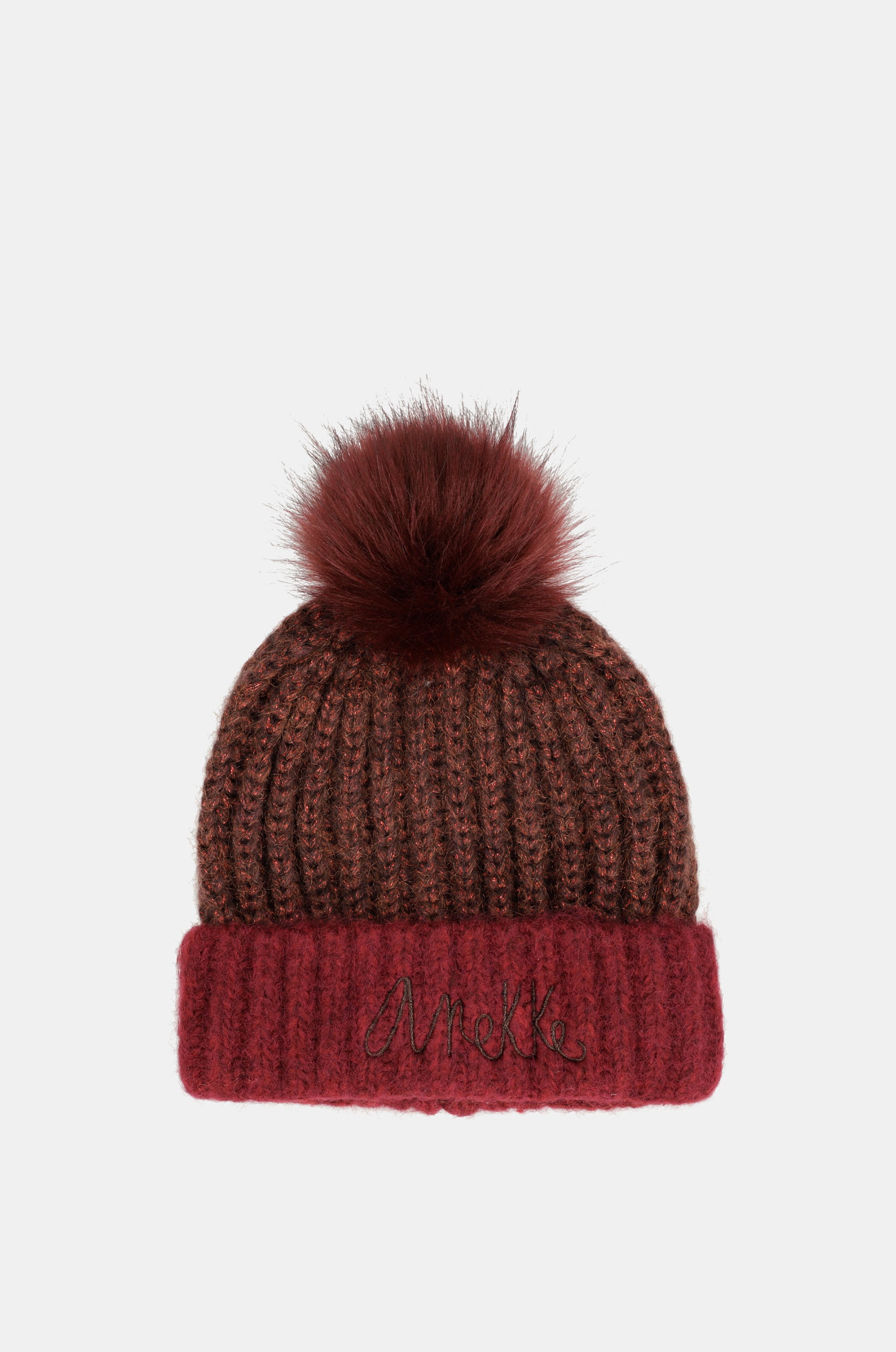 Bonnet en maille avec pompon, bordeaux