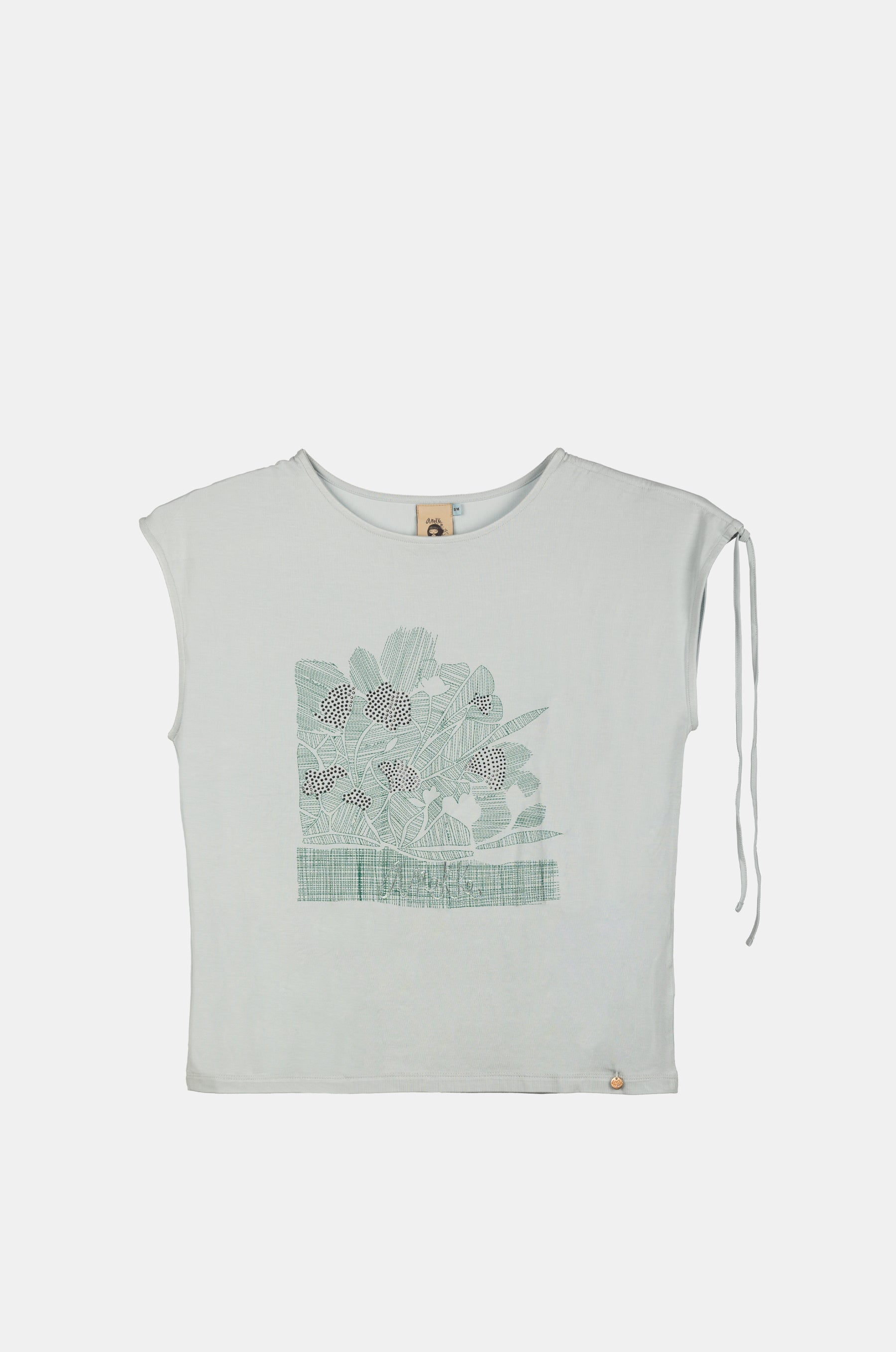 T-shirt bleu froncé sur une épaule