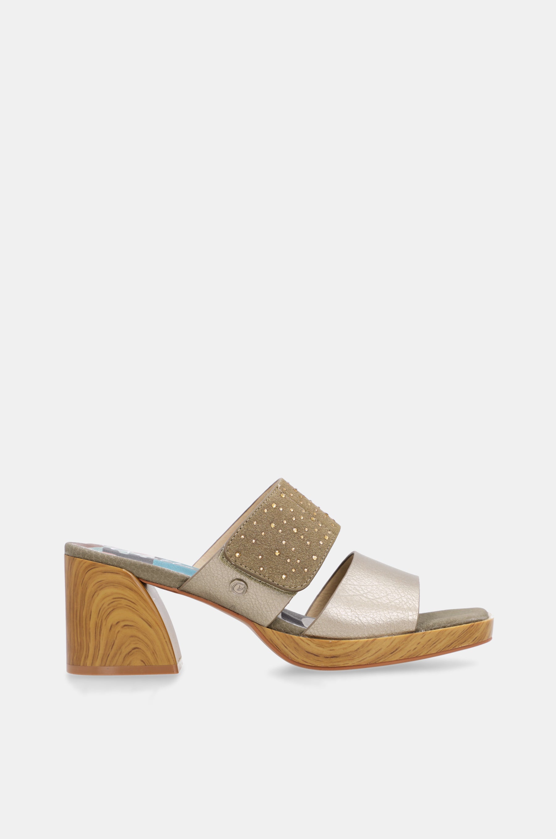 Sandales à talon vertes et dorées avec strass