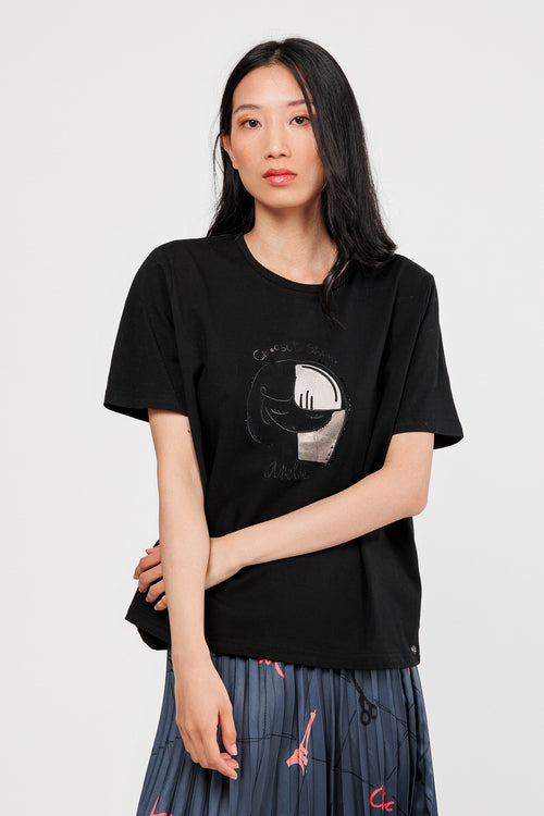 T-shirt à manches courtes noir avec applications argenté et bronze