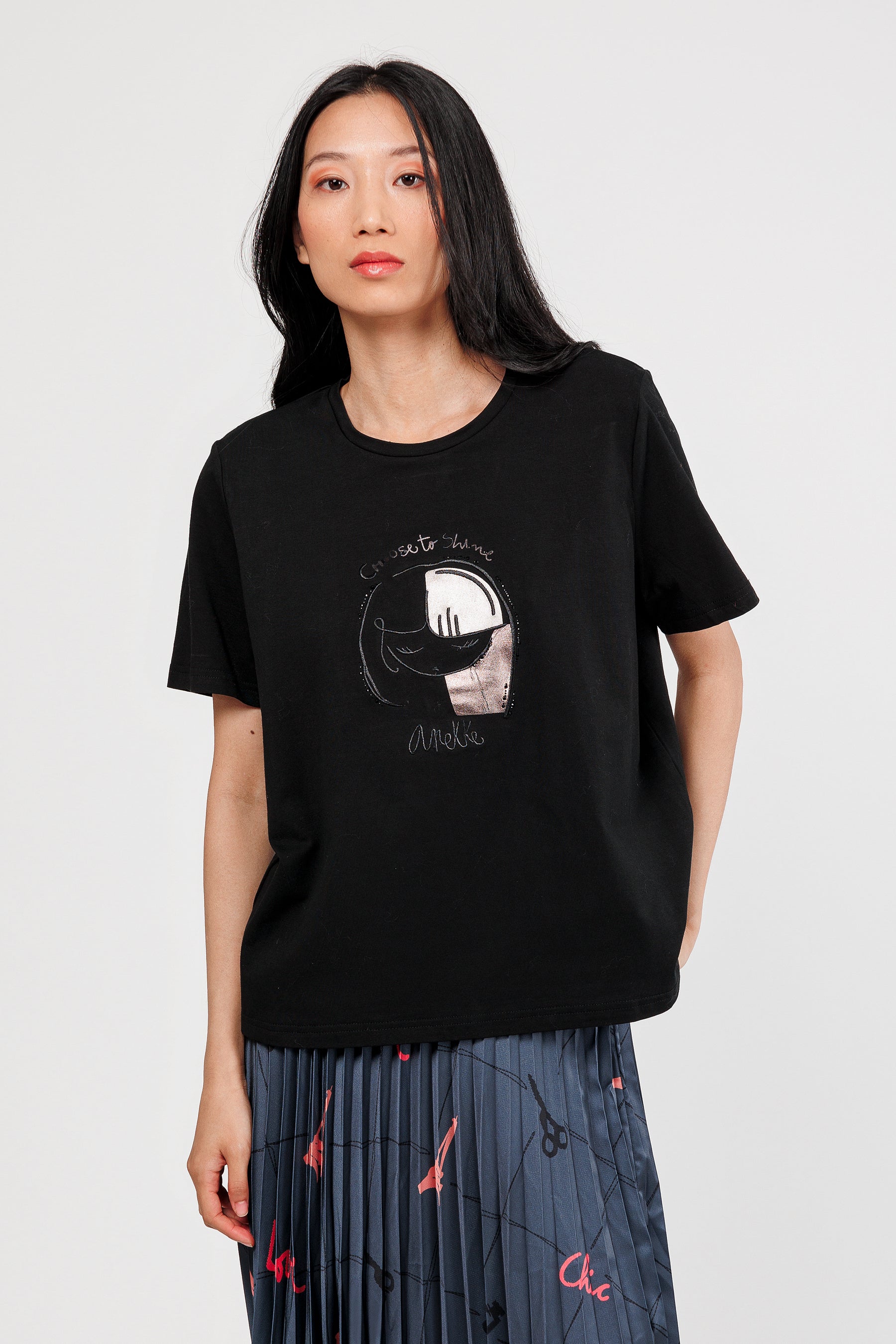 T-shirt à manches courtes noir avec applications argenté et bronze