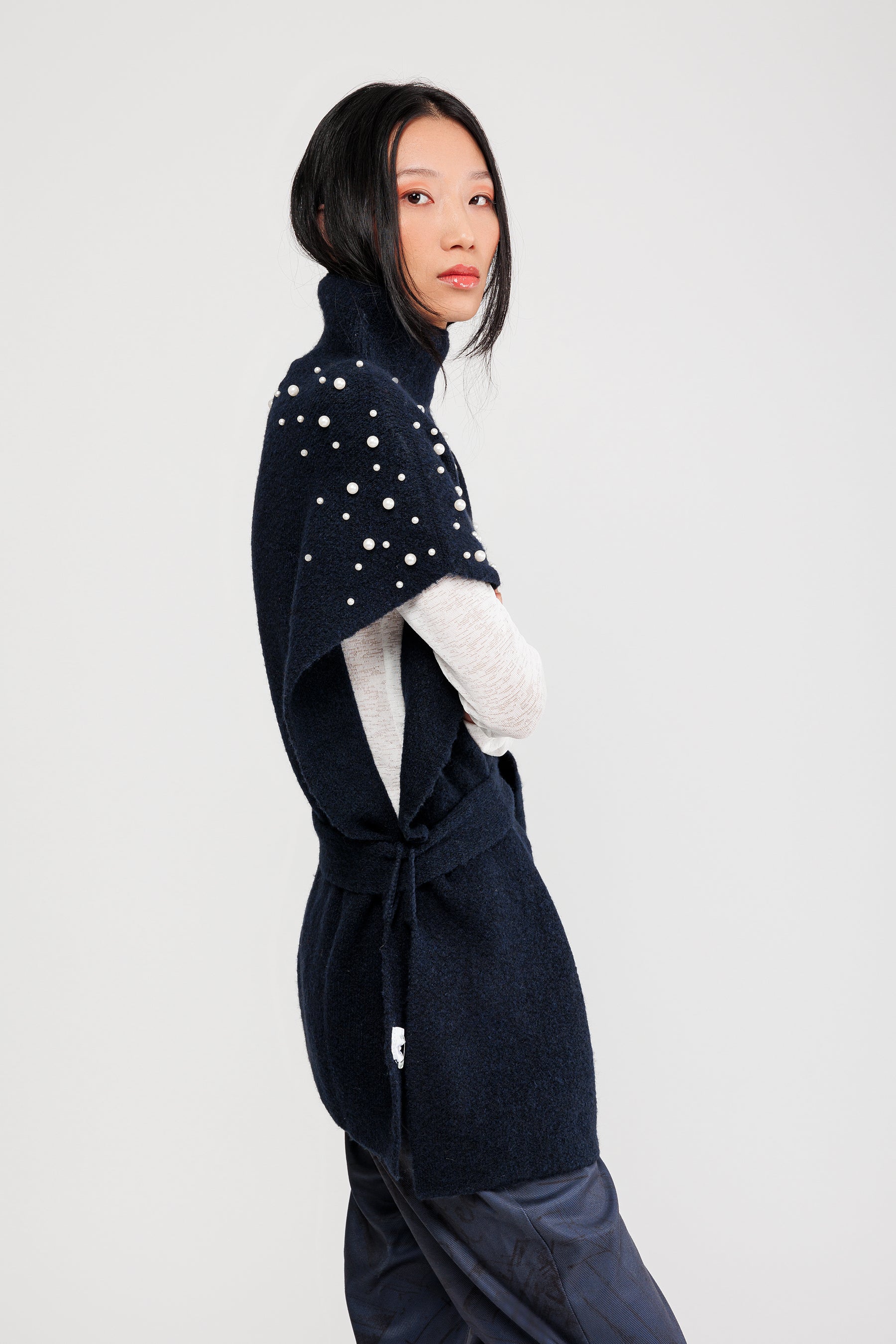 Poncho à col montant avec ceinture bleu