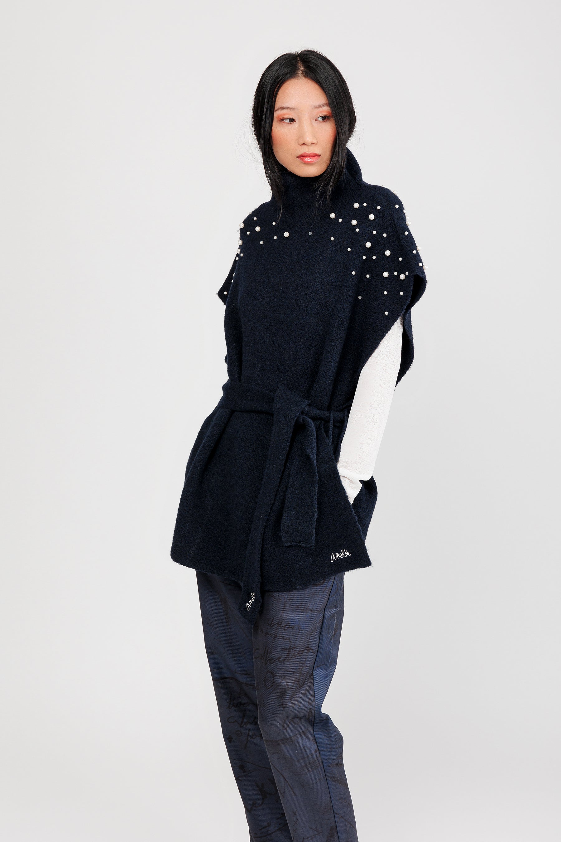 Poncho à col montant avec ceinture bleu